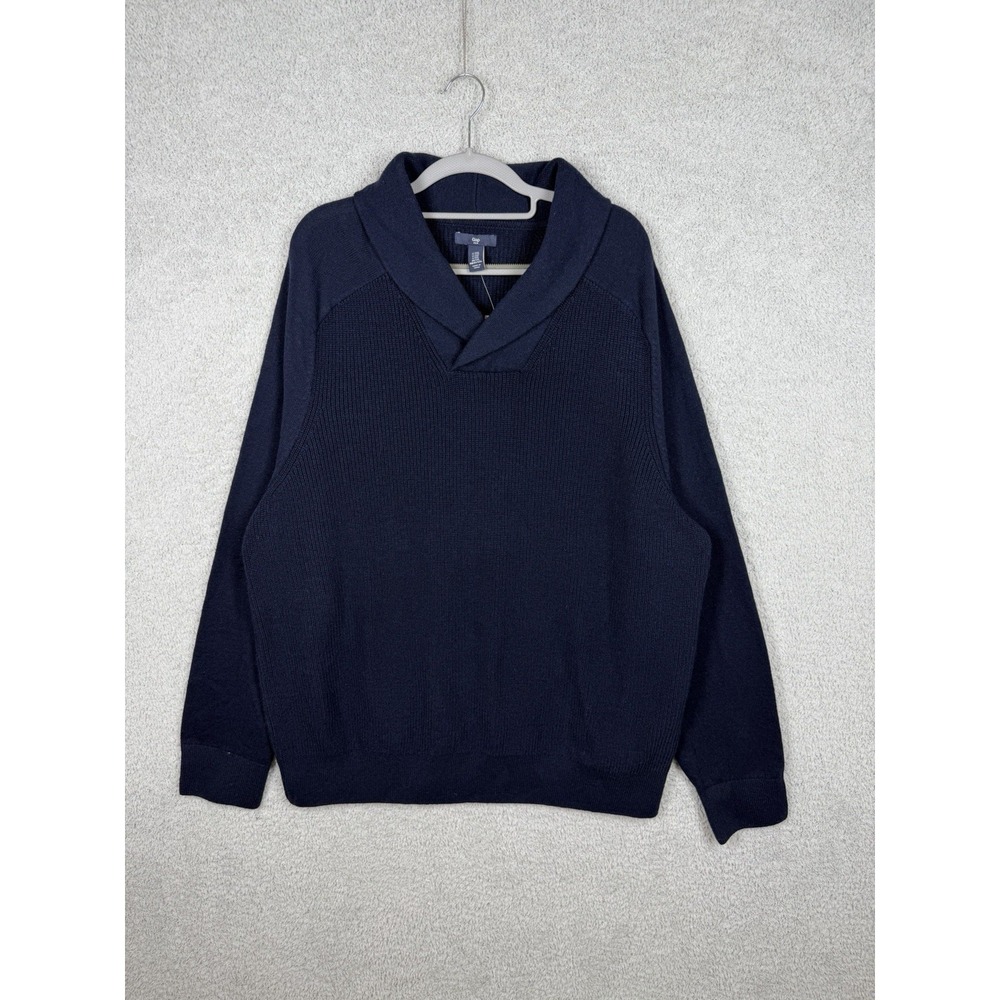 NWT Gap Sweater Mens 2XL Navy Blue Shawl Collar Solid Rib Cotton Pullover
